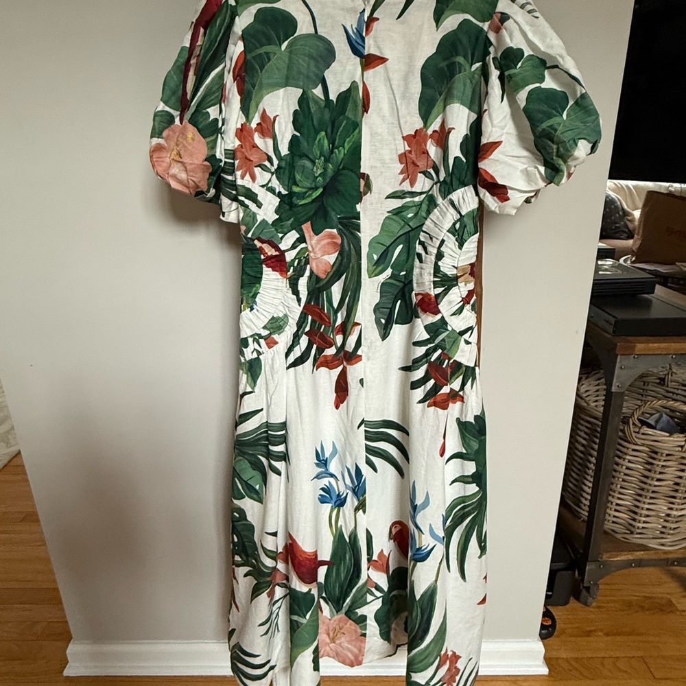 NWT Farm Rio Midnight Macaw Fiesta Linen Blend Puff-Sleeve Midi Dress Size M - Picture 6 of 12